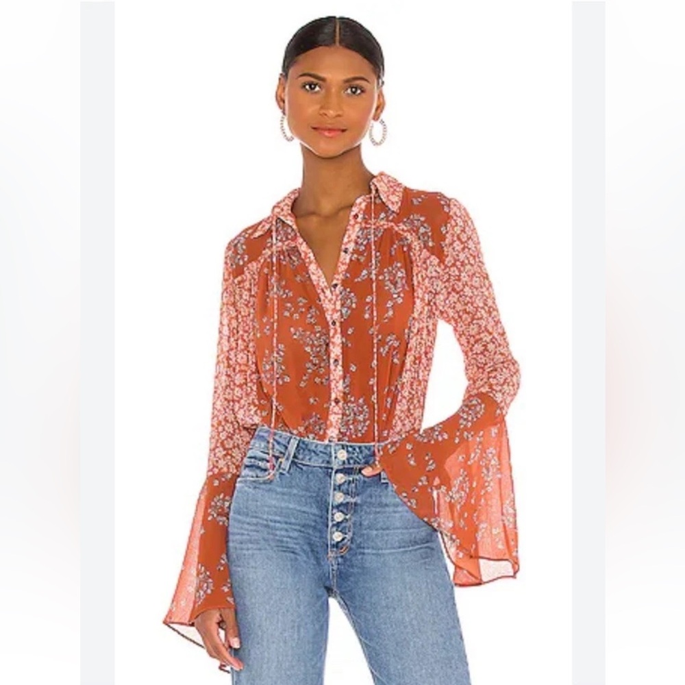 Free People Serena Printed Floral Spring Blouse In Rust Combo Bell Sleeves S